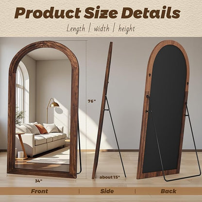 Antok Full Length Mirror with Solid Wood Frame, 76"×34" Wall Mounted Oversized Floor Mirror with Stand, Leaning Standing Hanging for Bedroom Living Room Entryway, Walnut, Arched Syle