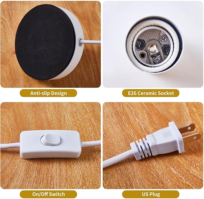 Industrial Table Lamp Base E26/E27 Ceramic Base Holder, Vintage Small Desk Lamp with Plug in Cord On/Off Switch Edison Screw Light Bulb Holder Base for Home Lighting Decor (White)