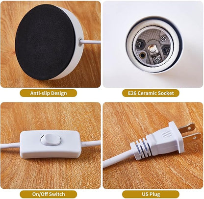 Industrial Table Lamp Base E26/E27 Ceramic Base Holder, Vintage Small Desk Lamp with Plug in Cord On/Off Switch Edison Screw Light Bulb Holder Base for Home Lighting Decor (White)