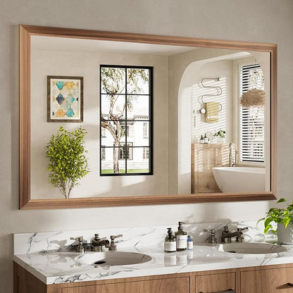 60x36 Inch Bathroom Mirror for Wall, Anti-Rust Walnut Wood Grain Metal Framed Bathroom Mirrors for Over Sink,Rectangler Mirrors for Bathroom Vanity, Farmhouse, Bedroom, Living Room, Entryway Decor
