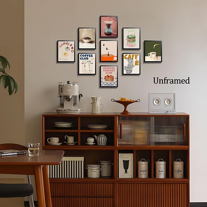 XYHYRA Coffee Wall Art Set of 9, Vintage Coffee Bar Canvas Prints Poster, Cafe Club Matcha Latte Pancake Kitchen Artwork Wall Decor for Coffee Bar Dining Room Home Decor 8x10 Inch Unframed