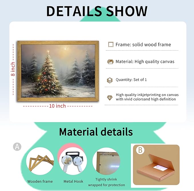 Vintage Christmas Wall Art, Vintage Pine Tree Canvas Wall Decor Painting, Rustic Winter Tree Print, Botanical Winter Art, for Table Farmhouse Mantel Home Office 8x10 Inch Wood Framed