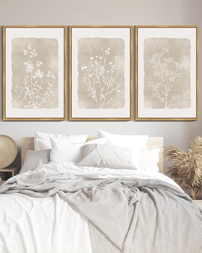 Drsoum Botanical Flower Wall Art Framed Vintage Floral Wall Prints Wildflower Neutral Rustic Bohemain Artwork Farmhouse Bedroom Ready to Hang 24x36in Natural Framed