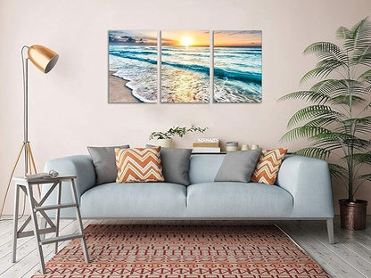 TutuBeer 3 Panel Canvas Wall Art for Home Decor Blue Sea Sunset White Beach Painting the Picture Print on Canvas Seascape the Pictures For Home Decor Decoration,Ready to Hang