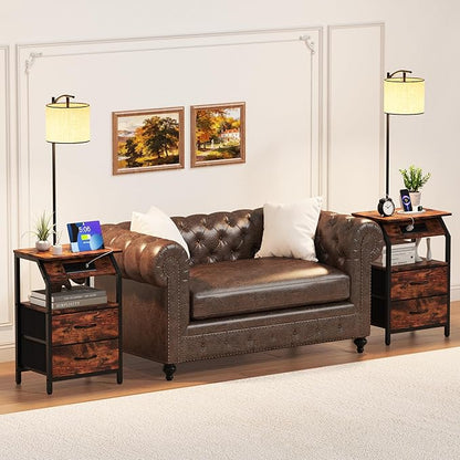 End Table with Floor Lamp, Nightstand with Charging Station, Floor Lamp Table with 3-Color Temperature Bulb, Bedside Table Night Stand with 2 Drawers for Bedroom, Living Room, Brown