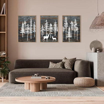 Modern White Forest Framed Canvas Wall Art Set, Minimalist Woodland Art Painting, Retro Tree Landscape Wall Decor, Wildland Deer Artwork for Living Room, Dining Room, Office-16 x24 x3