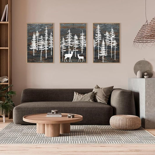 Modern White Forest Framed Canvas Wall Art Set, Minimalist Woodland Art Painting, Retro Tree Landscape Wall Decor, Wildland Deer Artwork for Living Room, Dining Room, Office-16 x24 x3