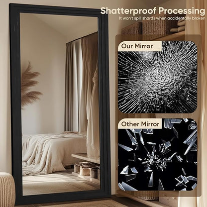 Full Length Mirror, 81"x41" Wooden Mirror Full Length with Stand Wood Floor Mirror, Oversized Stand Up Mirrors Large Wall Mirrors, Wall Mounted Mirrors, Rect Wood Style, Black