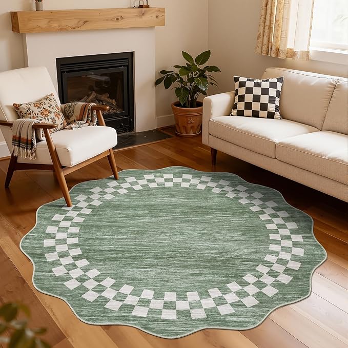 6ft Washable Round Rug for Entryway Modern Checkered Bedroom Circle Rug Non Slip Soft Dining Room Round Throw Carpet Large Stain Resistant Border Round Rugs for Living Room Kitchen Bathroom, Green
