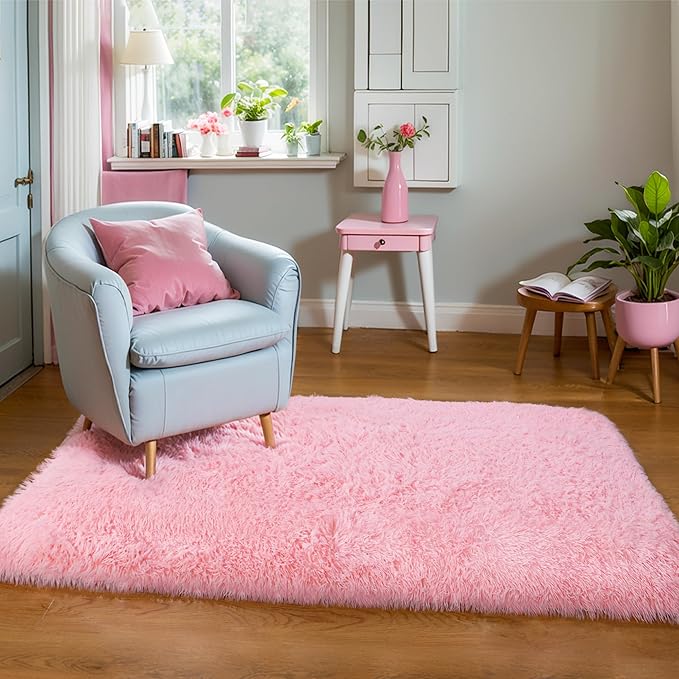 KICHOWUA Thick Area Rugs 6x9 Pink Fluffy Shag for Girls Bedroom, Soft Plush Fuzzy Washable Thickened Non-Slip Large Carpet for Living Room, Modern Shaggy Furry Rugs for Toddler Nursery Kids Dorm Room