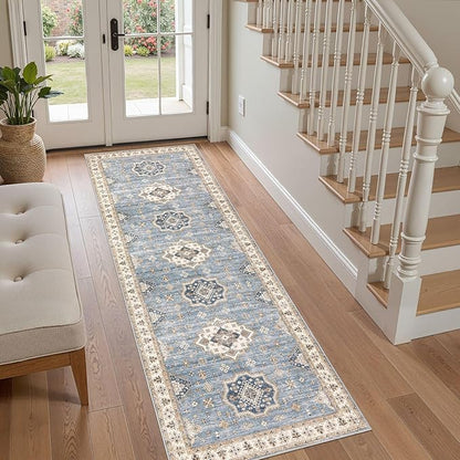 EIEIHOUSE Washable 2x6 Runner Rug - Area Rugs Neutral Vintage Distressed Floral Farmhouse Boho Large Soft Floor Rug Indoor Carpet for Hallway Entryway Bedroom Kitchen - Blue