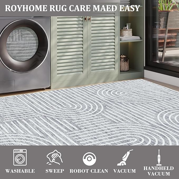 ROYHOME Modern Rug 2.5x8 Runners for Hallways, Abstract Kitchen Runner Rugs Non Slip Bath Runners, Rainbow Washable Runner Rug for Bedroom, Soft Long Rugs for Entryway Bathroom Laundry Dorm, Ash