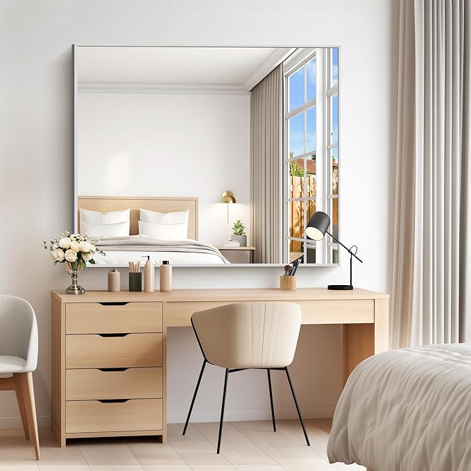 COFENY 40x48inch Silver Bathroom Mirror, Silver Rectangle Mirror with Frame, Large Rectangular Wall Mirrors for Bathroom, Living Room, Hair Salon, Big Farmhouse Mirror Hang Horizontal/Vertical