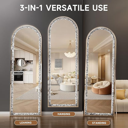 55"×20" Full-Length Mirror with Lights- Arch Crystal Crush Diamond Wall Mounted Hanging Diamond Mirror Leaning for Living Room Bedroom