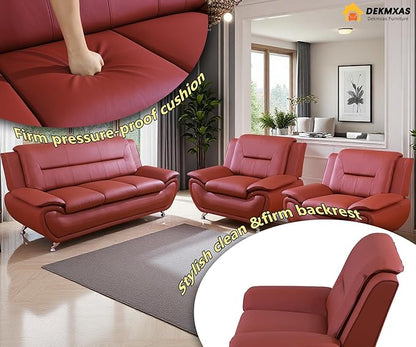 3PCS Red Faux Leather Sofa and 2 Chairs for Living Room, Living Room Furniture Sets, Sofa Couches for Office, Bedroom, Apartment
