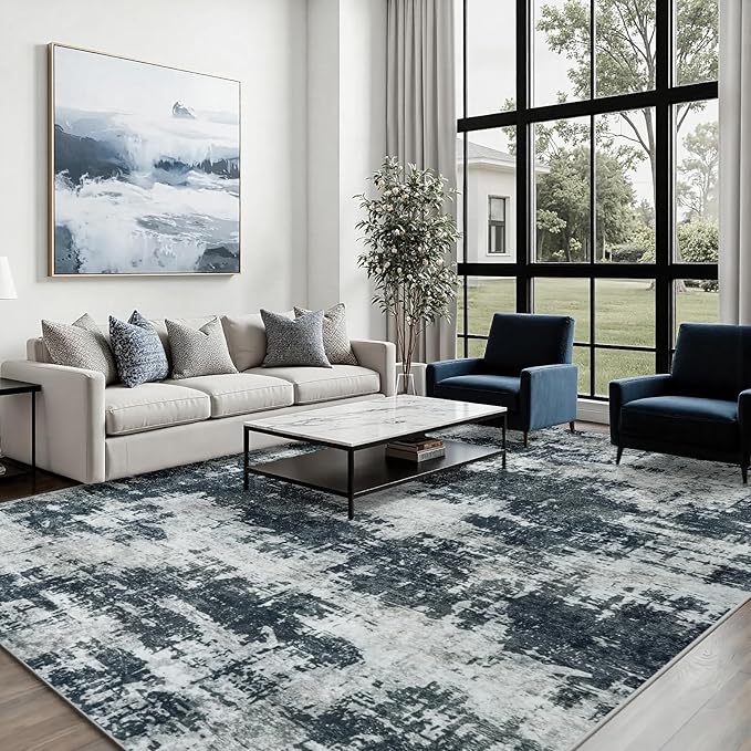 Area Rug 5x7 Living Room Rug Washable: No-Slip Abstract Soft Thin Large Black Rugs, Indoor Floor Stain Resistant Modern Carpet for Bedroom Dining Room Farmhouse Nursery Home Office (Black, 5'x7')