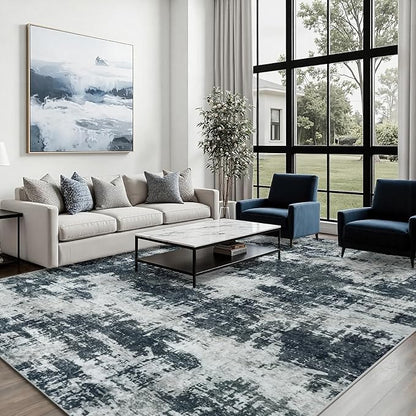 Area Rug 5x7 Living Room Rug Washable: No-Slip Abstract Soft Thin Large Black Rugs, Indoor Floor Stain Resistant Modern Carpet for Bedroom Dining Room Farmhouse Nursery Home Office (Black, 5'x7')