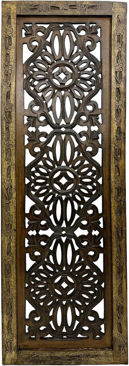 Floral Hand Carved Wooden Wall Panels Set of 2, Rustic Brown Decorative Wall Art for Living Room, Bedroom, Hallway & Home Décor, Vintage Rustic Finish Handmade Wooden Hanging Panels