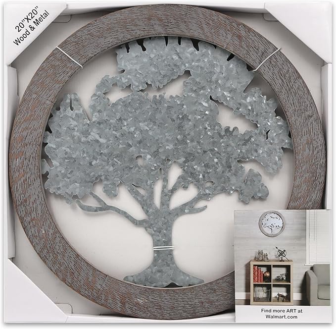 Hosley Metal Tree of Life Wall Art with Wooden Ring 20 Inch Round – Rustic Farmhouse Wall Décor for Living Room, Bathroom, Bedroom, Dining Room – Housewarming Gifts
