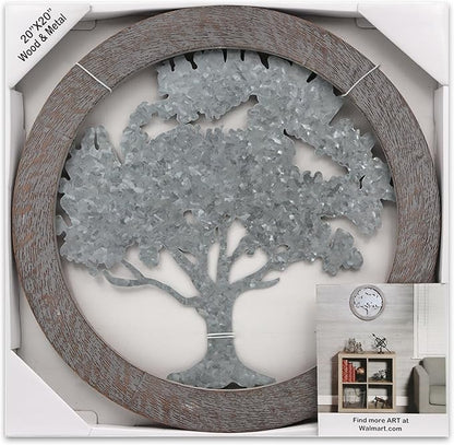 Hosley Metal Tree of Life Wall Art with Wooden Ring 20 Inch Round – Rustic Farmhouse Wall Décor for Living Room, Bathroom, Bedroom, Dining Room – Housewarming Gifts