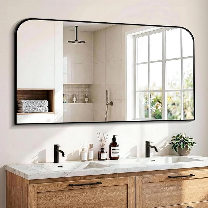 Bathroom Vanity Mirror for Wall, 55" x 30" Black Metal Framed Bathroom Mirror for Over Sink, Living Room, Bedroom, Entryway, Mantel, Fireplace Decor