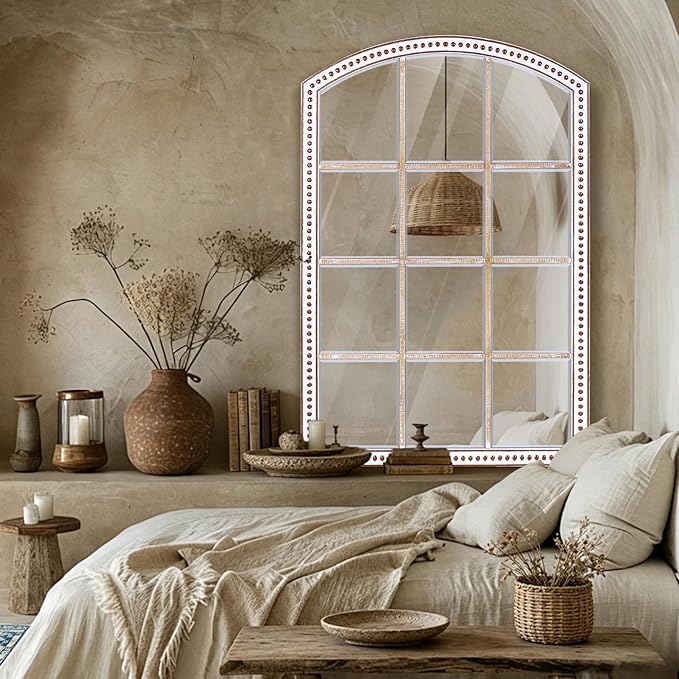 HOITUZYUS 42x28 Inch Farmhouse Arched Windowpane Wall Mirror, Rustic Decorative Mirrors for Living Room, Bedroom, Entryway, Hallway, Bathroom
