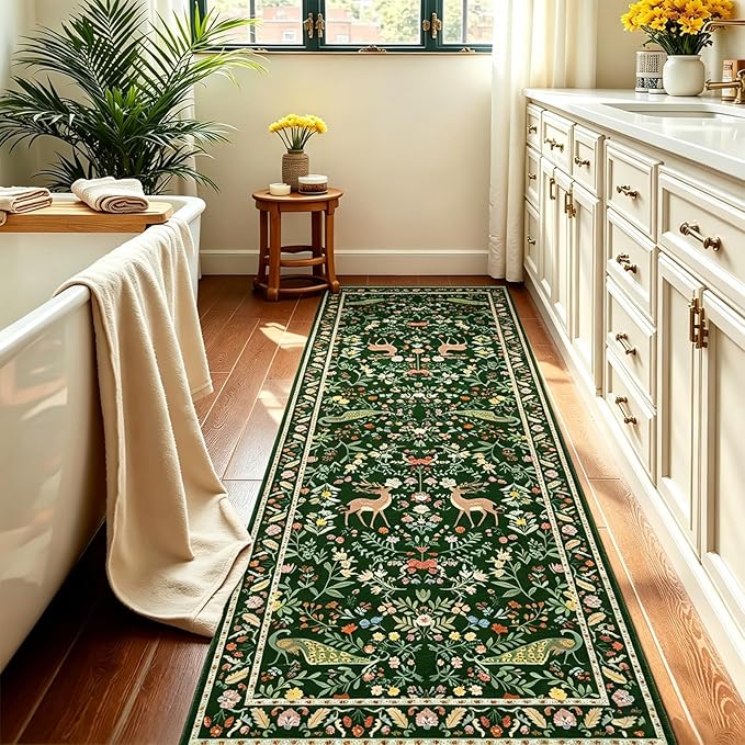 Lunasun Green Washable Floral 2x6 Runner Rug for Hallway- Stain Resistant Kitchen Runners, Botanical & Animal Indoor Floor Mat for Bathroom, Soft Non Slip with Rubber Backed