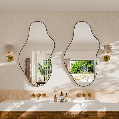 Irregular Asymmetrical Wall Mirror 20x35 Inches - Decorative Tempered Glass with Modern Aluminum Alloy Frame, Black Abstract Cloud Mirror for Bathroom, Bedroom, Living Room, Entryway, Cloakroom
