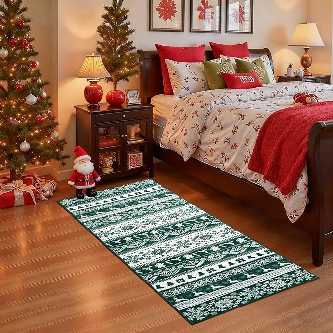 Area Rugs for Bedroom, 6x9 Ft Indoor Washable Rugs for Entryway Snowflake Print Living Room Carpet, Farmhouse Welcome Front Door Mat Non Slip Carpet for Entrance Porch Bath Kitchen, Green/White