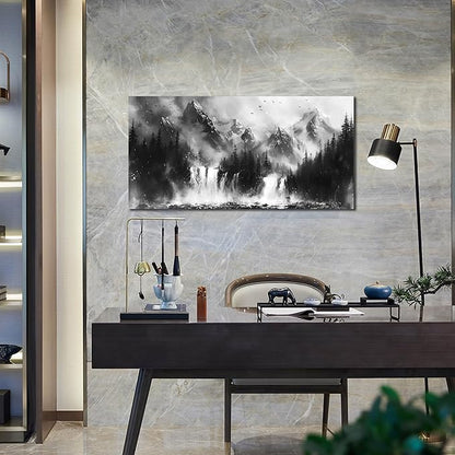 Mountain Wall Art For Office - Black And White Pictures Wall Art For Living Room - Forest Wall Decor For Bedroom Size 20" x 40"