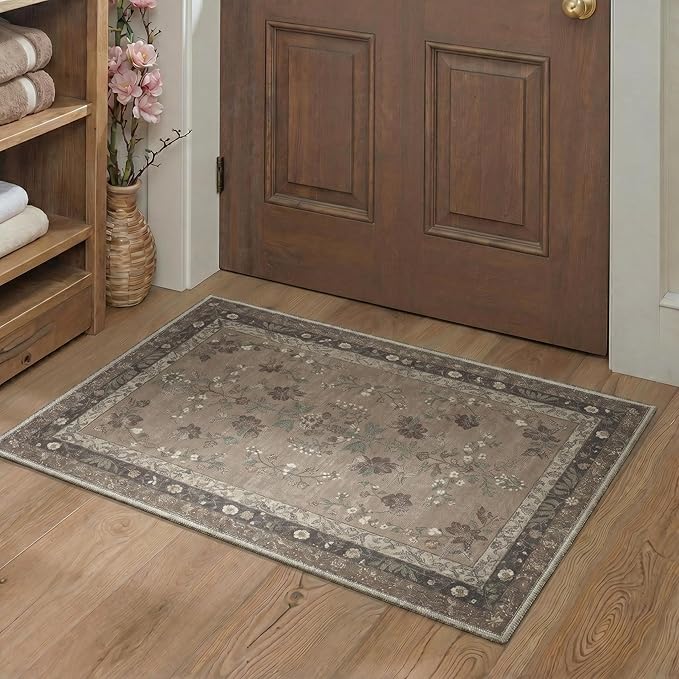 GENIMO Runner Rug 2x5 Non Slip Machine Washable Vintage Hallway Runner Rug, Low Pile Lightweight Rugs for Entryway, Hallway, Kitchen and Corridor, Dusty Brown