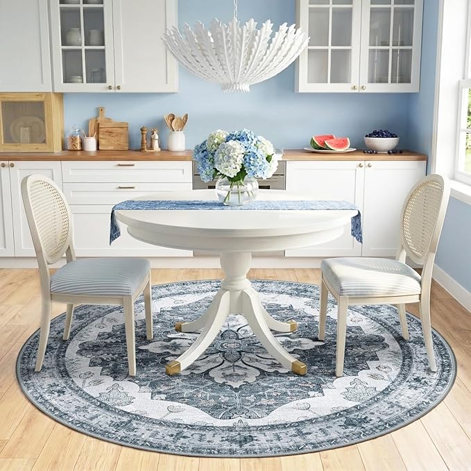 RELEANY Area Rugs Round 6ft Washable Non-Slip, Floral Vintage Distress Print Pattern Medallion Carpet for Living Room Bedroom Dining Room, Light Gray Grey White