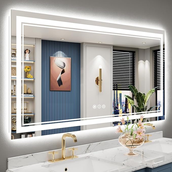 60x30 LED Bathroom Mirror with Lights, Backlit and Front Lit Anti-Fog Lighted Vanity Mirrors for Bathroom Wall, Dimmable, 3-Color Light, Memory, Shatter-Proof, HD Tempered Glass, CRI＞90
