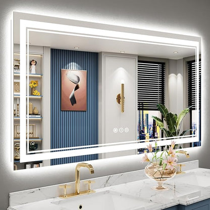 60x30 LED Bathroom Mirror with Lights, Backlit and Front Lit Anti-Fog Lighted Vanity Mirrors for Bathroom Wall, Dimmable, 3-Color Light, Memory, Shatter-Proof, HD Tempered Glass, CRI＞90