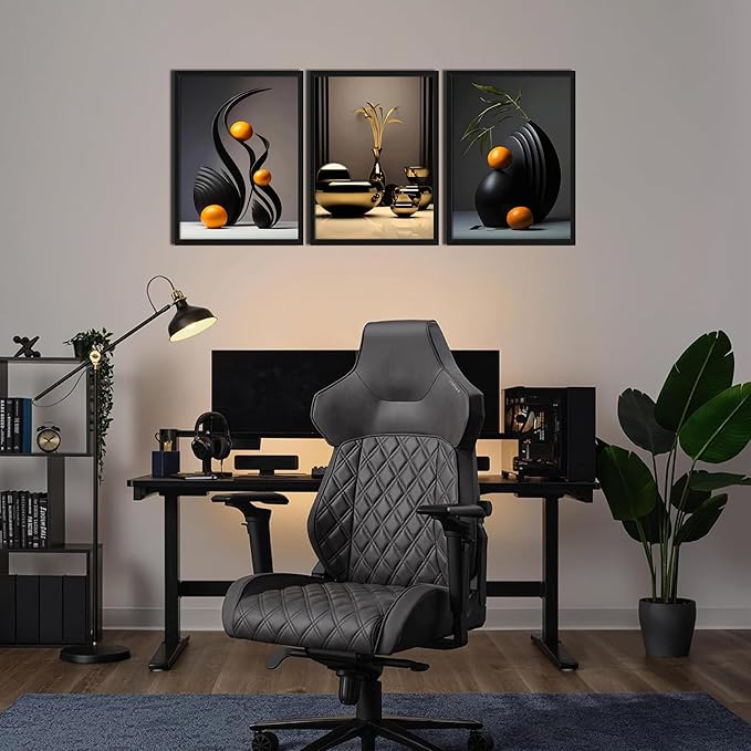 raiqtols Modern Abstract Framed Wall Art for Living Room Set of 3 – Bright Style Orange Still Life Canvas Prints, Smooth Surface Vase Wall Decor with Black Wood Frame for Bedroom Bathroom Office – 16x24in