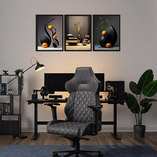 raiqtols Modern Abstract Framed Wall Art for Living Room Set of 3 – Bright Style Orange Still Life Canvas Prints, Smooth Surface Vase Wall Decor with Black Wood Frame for Bedroom Bathroom Office – 16x24in