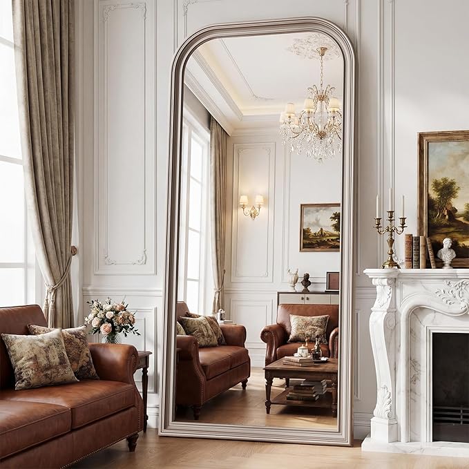 Full Length Mirror with Stand, 71"x32" Full Body Mirror, Floor Length Mirrors Wall Mounted with Rounded Top, Large Standing Mirrors, PU Frame, for Bedroom Living Room Cloakroom, Antique Sliver