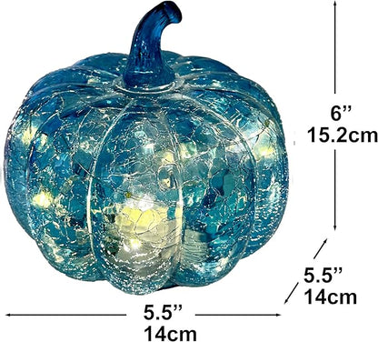 Aqua Blue Crackle Glass Pumpkin Twinkling Light with Timer- Fall Decoration for Home-Lamps for Festive Decoration-Halloween Decorations