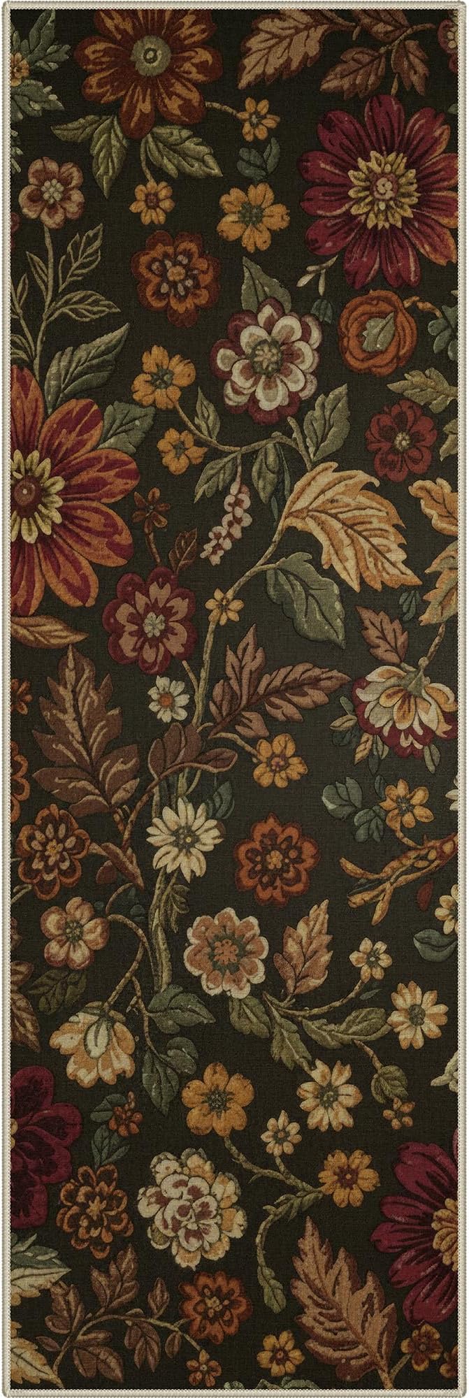 GENIMO 2X6 Washable Runner Rug for Hallway, Vintage Floral Print Non-Slip Low Pile Carpet, Stain Resistant Soft Chenille Rug for Entryway Kitchen Corridor, Floral Brown