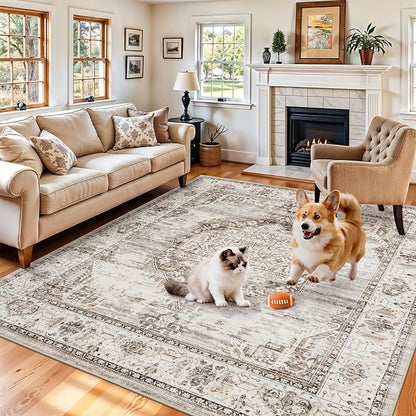 8x8 Area Rug Washable Living Room Rugs: 8ft Square Ultra Thin Soft Oriental Area Rugs Non-Slip Backing Farmhouse Rug Low Pile Thin Stain Resistant Indoor Carpets, 8' x 8' Beige
