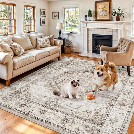 8x8 Area Rug Washable Living Room Rugs: 8ft Square Ultra Thin Soft Oriental Area Rugs Non-Slip Backing Farmhouse Rug Low Pile Thin Stain Resistant Indoor Carpets, 8' x 8' Beige