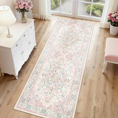 CAPALOCA Machine Washable Rugs Nursery Rug 2x6 Cute Girl Non Slip Low Pile Water Repellent Soft Print Pattern for Bedroom Indoor Decor Kids Playroom Pink Teal