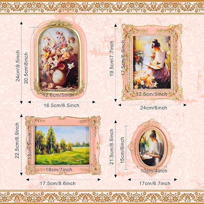 Geetery 4 Pcs Vintage Picture Frames Set, Pink Ornate Baroque Frames for Gallery Wall, Antique Victorian Decorative Photo Frame for Tabletop or Wall Display, Shabby Cottagecore Home Decor
