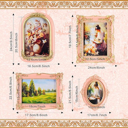 Geetery 4 Pcs Vintage Picture Frames Set, Pink Ornate Baroque Frames for Gallery Wall, Antique Victorian Decorative Photo Frame for Tabletop or Wall Display, Shabby Cottagecore Home Decor