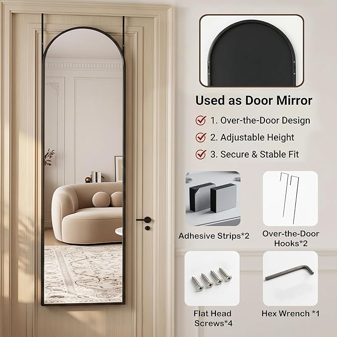 Antok Full Length Over-the-Door Hanging Mirror - Freestanding Wall Mount Leaning Body Mirror for Bedroom Living Room Entryway, 48" L x 14" W, Black