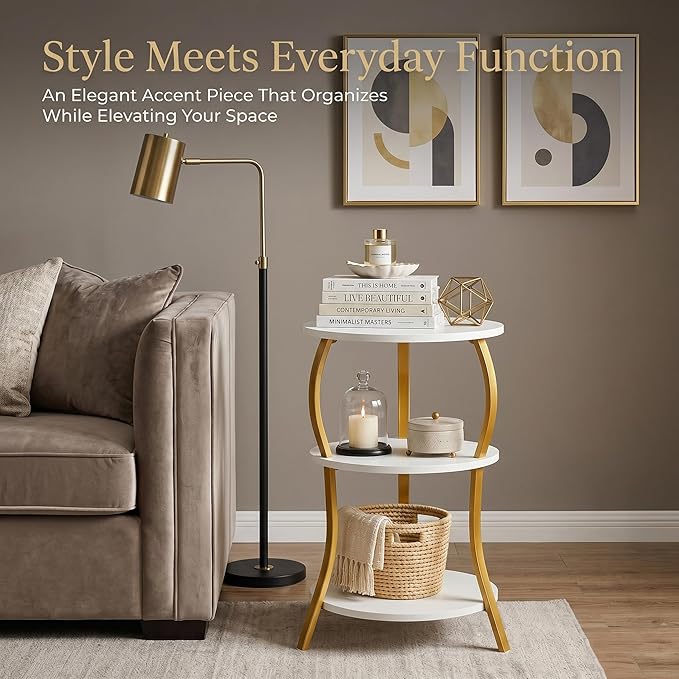 Vintage Small Round Side Table, 3-Tier Slim Waist Circular End Table with Storage Shelf, Compact Tea Sofa Table, Round Corner Coffee Table Nightstand for Living Room Bedroom Small Spaces,White+ Gold