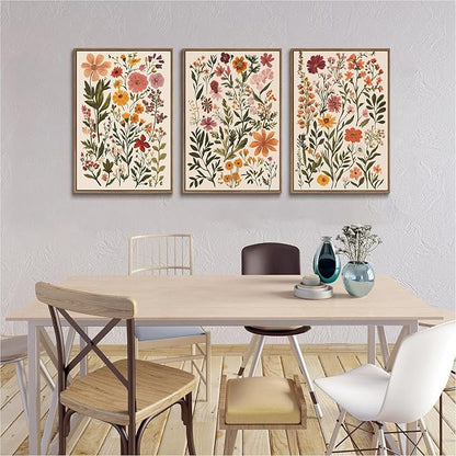 KISSFOX 3 Piece Boho Floral Canvas Wall Art For Bedroom Cottagecore Wild Flower Framed Wall Art Colorful Nature Modern Botanical Art Prints For Nursery Living Room,16x24 in
