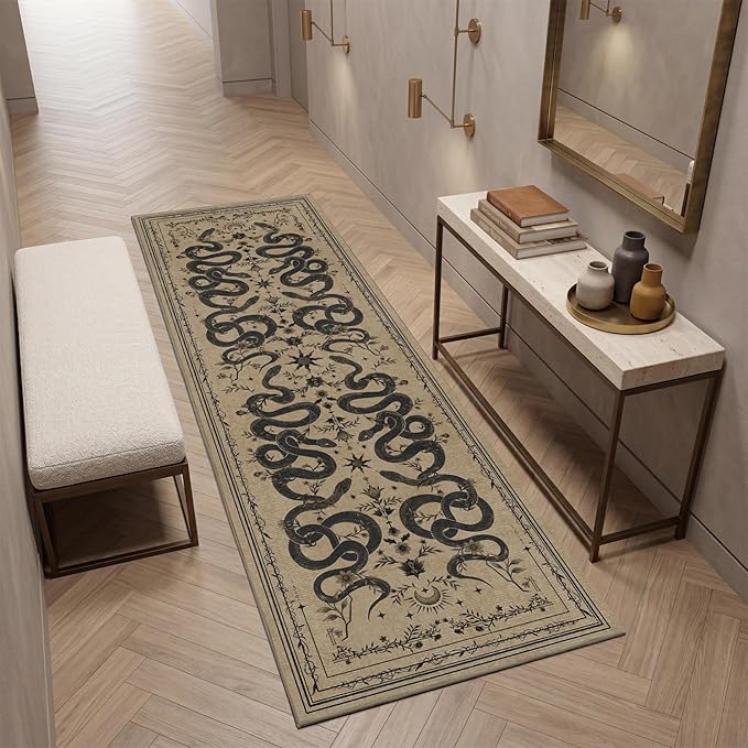 Garvee Snake Gothic Washable Kitchen Runner Rug 2x6 Dark Whimsical Unique Soft Thin Indoor Floor Mat for Bathroom Hallway Entryway Bedroom Indoor Decor Low Pile Non-Slip TPE Backing Taupe