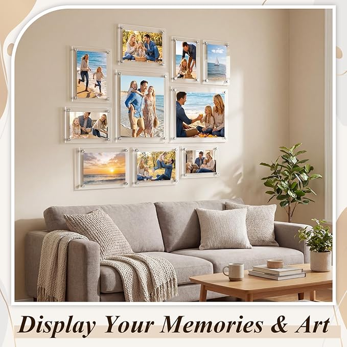 Novabright 8x10, 5x7, 4x6 Inch Acrylic Floating Picture Gallery Frame Set 10 Pack 3 Size Wall Mount Clear Picture Floating Frame Bulk Double Panel Hanging Photo Frameless Frames Office Home Display