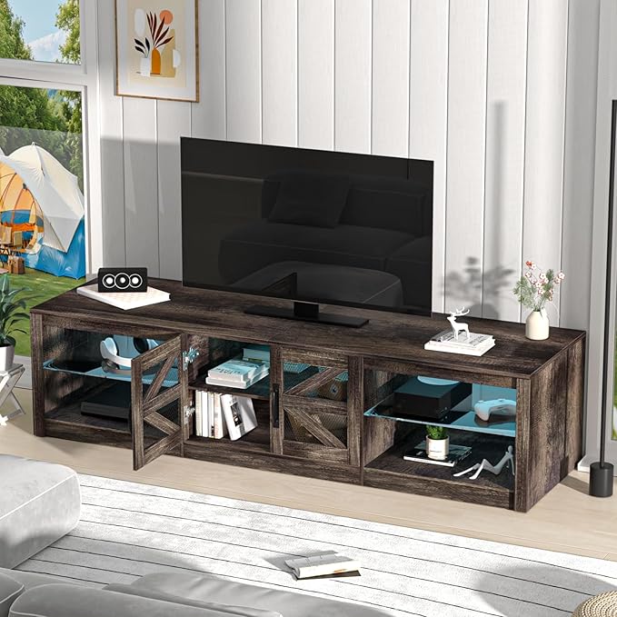 cdar TV Stands for Living Room, Farmhouse Entertainment Center, Television Stand with LED Light, 78" Wood Sliding Barn Door Media TV Console Table with Storage Shelf for Living Room, Bedroom ﻿ Gr